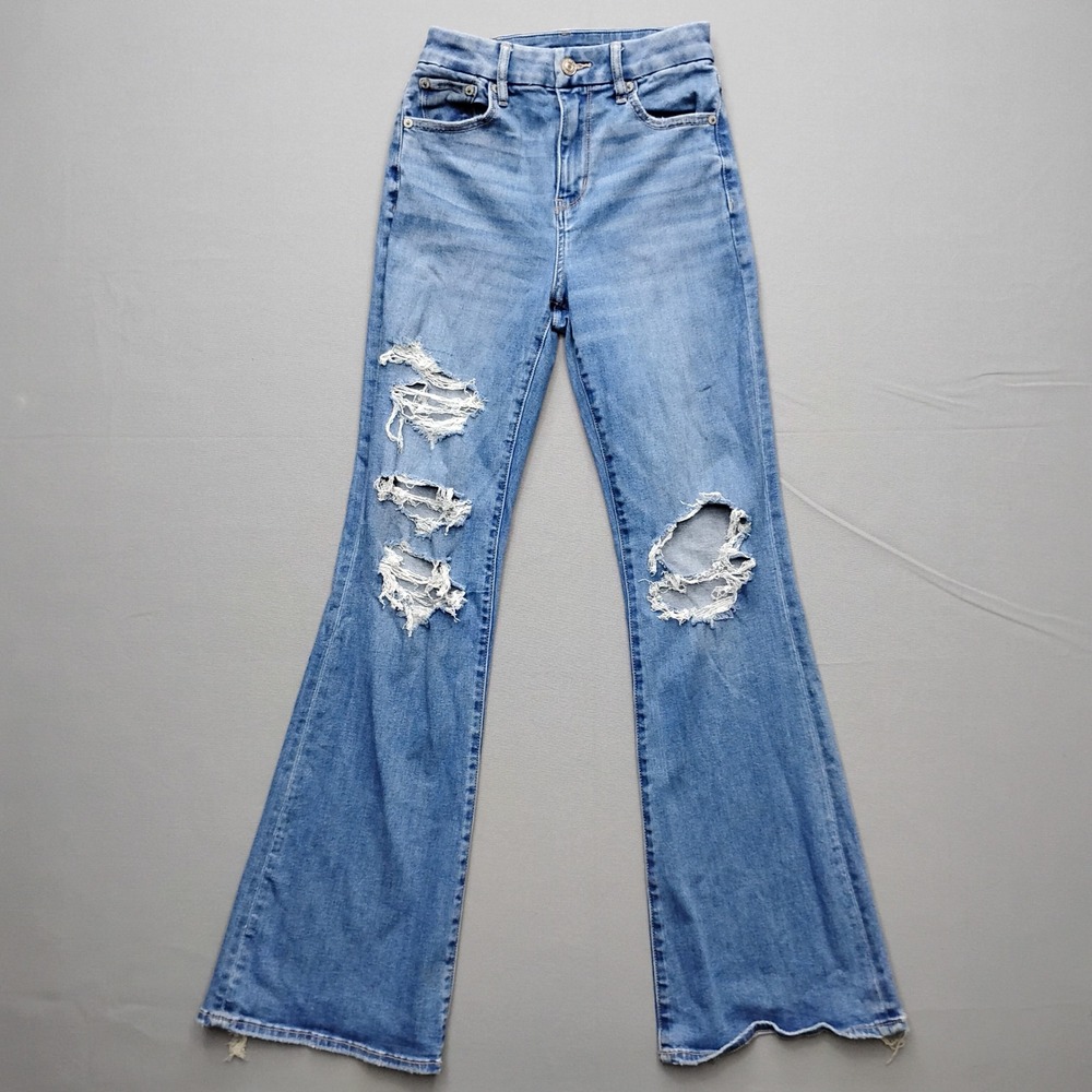 American Eagle Curvy Super High-Rise Flare Jeans Blue Distressed Size 0